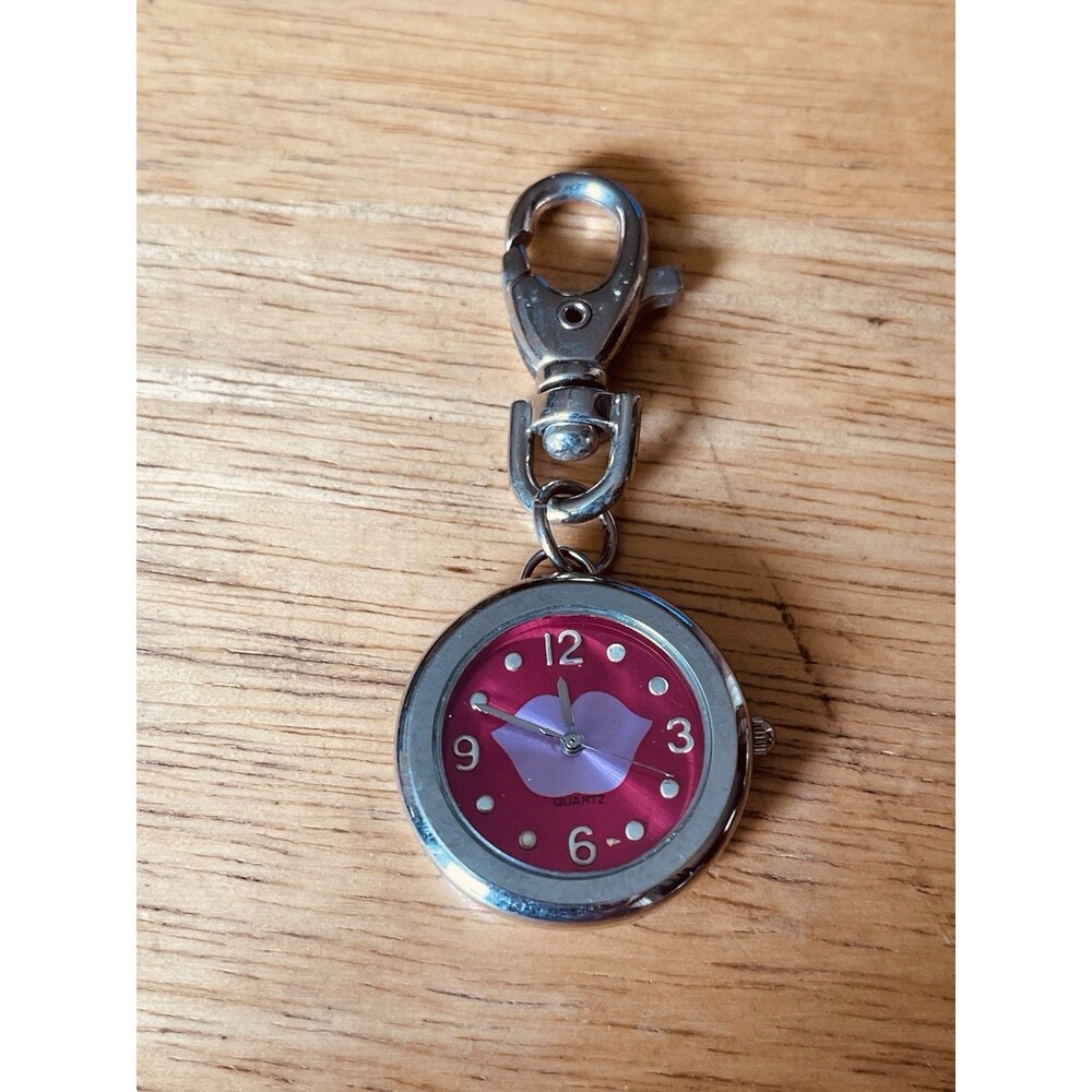 Bag Charm Watch Red Face Pink Lips Analog Lobster Claw Clasp New Battery